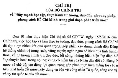 Chỉ thị của Bộ Chính trị về đẩy mạnh học tập, thực hành tư tưởng Hồ Chí Minh