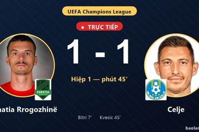 TRỰC TIẾPTrực tiếp Egnatia Rrogozhinë vs Celje: Hết hiệp 1, hòa 1-1