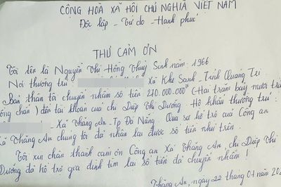 Nhận 270 triệu chuyển nhầm, người phụ nữ viết thư cảm ơn công an và người trả