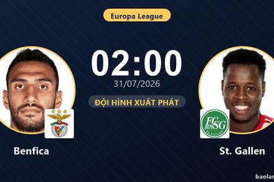 TRỰC TIẾPTrực tiếp Benfica vs St. Gallen: Đội hình xuất phát