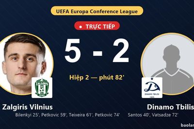 TRỰC TIẾPTrực tiếp FK Zalgiris Vilnius vs Dinamo Tbilisi: FK Zalgiris Vilnius nới rộng cách biệt 5-2