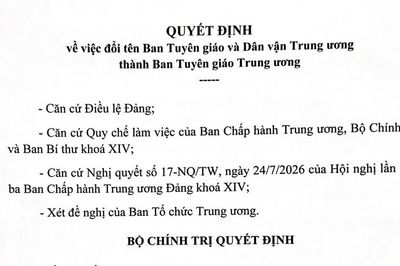 Sử dụng tên gọi chính thức 'Ban Tuyên giáo Trung ương' từ 1/8