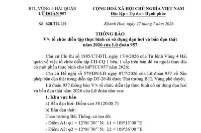 Thông báo về việc tổ chức diễn tập thực binh có sử dụng đạn hơi và bắn đạn thật năm 2026 của Lữ đoàn 957