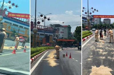 Cảnh sát giao thông Lào Cai kịp thời xử lý dầu loang trên đường Nguyễn Thái Học