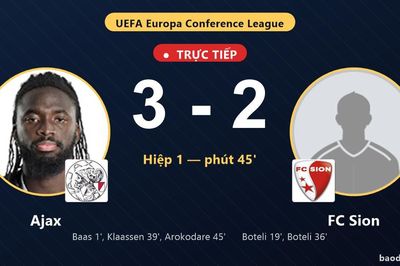 TRỰC TIẾPTrực tiếp Ajax vs FC Sion: Hiệp 2 bắt đầu, Ajax dẫn 3-2