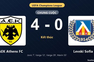 Thống kê trận đấu AEK Athens FC 4-0 Levski Sofia: R. Marin tỏa sáng, AEK Athens FC giành lợi thế trước lượt còn lại