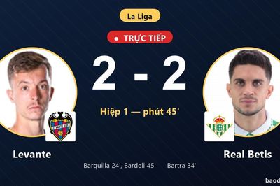 TRỰC TIẾPTrực tiếp Levante vs Real Betis: Hết hiệp 1, hòa 2-2
