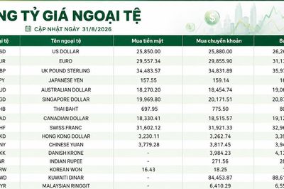 Tỷ giá ngoại tệ ngày 31/8: USD mua vào 25.850 đồng, GBP bán ra gần 36.000 đồng