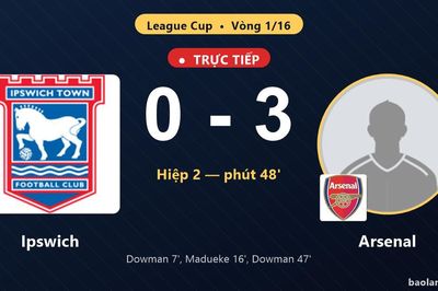 TRỰC TIẾPTrực tiếp Ipswich vs Arsenal: Arsenal nới rộng cách biệt 0-3