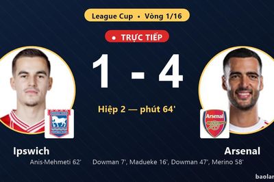 TRỰC TIẾPTrực tiếp Ipswich vs Arsenal: Ipswich rút ngắn cách biệt 1-4