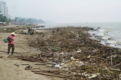 Bãi biển Sầm Sơn phủ kín củi, rác sau mưa lũ