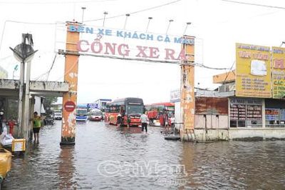 Bến xe khách Cà Mau ngập sâu do mưa lớn, triều cường