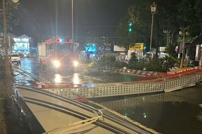 Cổng chào cao 5m ở TPHCM đổ sập trong mưa lớn