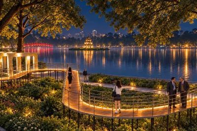Lắp đặt cầu tạm, khung gương giữa vườn hoa Hồ Hoàn Kiếm