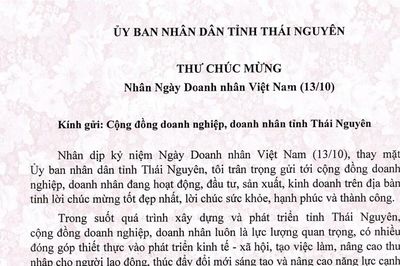 Chủ tịch UBND tỉnh Thái Nguyên gửi thư chúc mừng cộng đồng doanh nhân