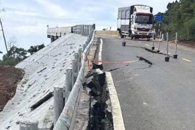 Quốc lộ 28B qua Lâm Đồng xuất hiện điểm sụt lún lớn