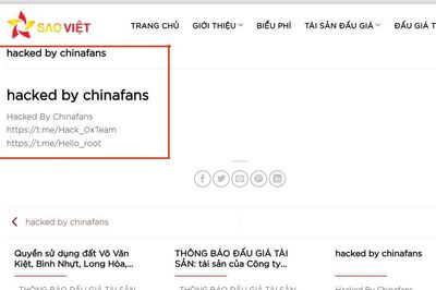 Website Công ty Đấu giá Hợp danh Sao Việt bị nhóm tin tặc Chinafans tấn công thay đổi giao diện