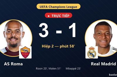 TRỰC TIẾPTrực tiếp AS Roma vs Real Madrid: AS Roma nới rộng cách biệt 3-1