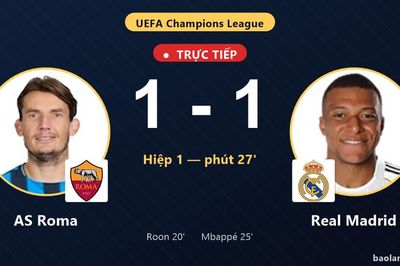 TRỰC TIẾPTrực tiếp AS Roma vs Real Madrid: Real Madrid gỡ hòa 1-1