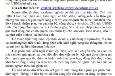 Công khai địa chỉ thư điện tử Chủ tịch UBND tỉnh tiếp nhận kiến nghị của người dân, doanh nghiệp