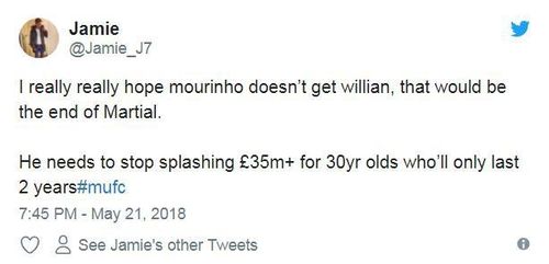  "Tôi thực sự không muốn Mourinho chiêu mộ Willian. Đó sẽ là dấu chấm hết cho Anthony Martial. Ông ấy không nên chi ra 35 triệu bảng cho một cầu thủ 30 tuổi và chỉ thi đấu đỉnh cao thêm 2 năm". 
