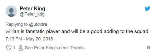  Bên cạnh đó, cũng có một số ý kiến cho rằng Willian chính là mảnh ghép còn thiếu của Man Utd mùa giải tới. 