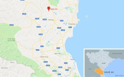 Xã Nghĩa Yên (chấm đỏ) cách TP Vinh chừng 100 km. Ảnh: Google Maps.