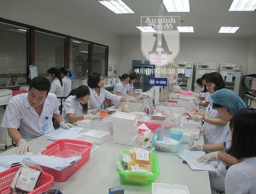 Các nhân viên y tế tại Khoa Huyết thanh học nhóm máu đang làm công việc hằng ngày: Kiểm tra tính hòa hợp của nguồn máu với các bệnh nhân