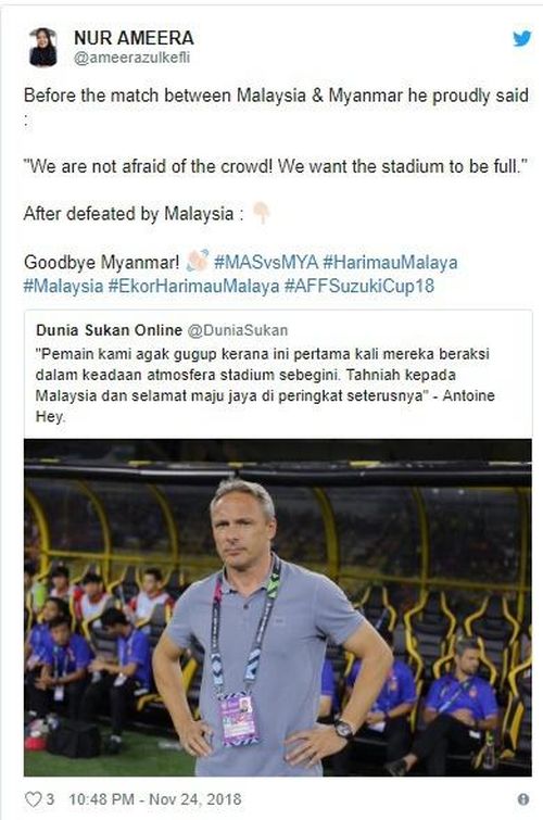 Ông Antonio Hey bị fan Malaysia giễu cợt sau trận đấu.