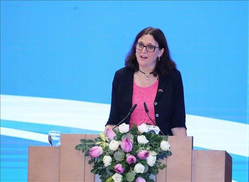 Cao ủy Liên minh châu Âu phụ trách thương mại Cecilia Malmström phát biểu.