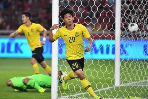 Bàn mở tỷ số ngay giây thứ 32 của Syafiq Ahmad không giúp Malaysia ca khúc khải hoàn trước UAE. Ảnh: Harimau Malaya.