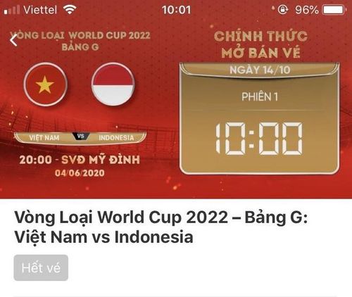 Sau 1 phút, vé trận đấu đã được bán hết. Ảnh: Chụp màn hình.