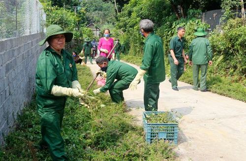 Các cựu chiến binh tham gia vệ sinh đường giao thông nông thôn.