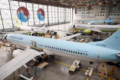 Thay thế linh kiện bị nứt trên thân máy bay Boeing 737NG của hãng hàng không Korean Air tại Seoul, Hàn Quốc, ngày 11/11/2019. (Ảnh: Yonhap/ TTXVN)