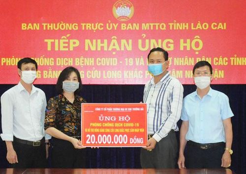 Đại diện Công ty Cổ phần Thương mại dịch vụ xuất nhập khẩu Trường Hải trao hỗ trợ.