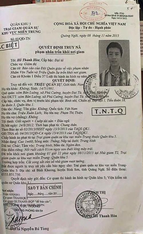  Quyết định truy nã phạm nhân lần 1 năm 2015