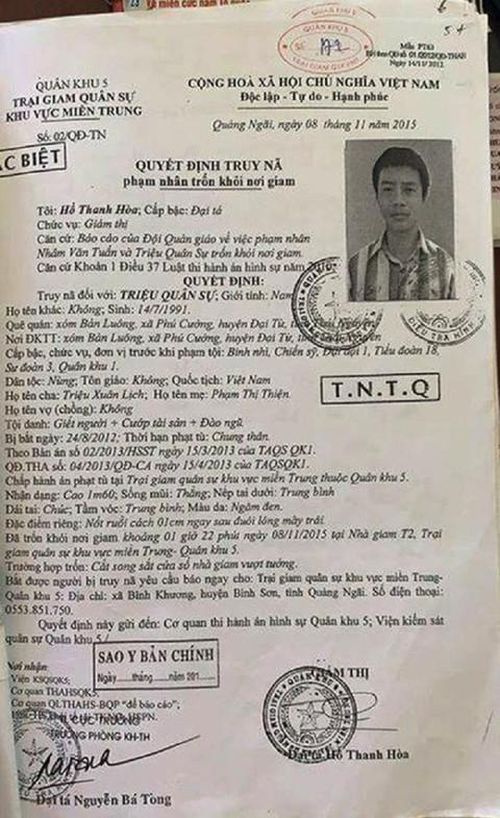 Quyết định truy nã Triệu Quân Sự năm 2015, sau khi trốn trại lần 1 cùng Nhâm Văn Tuấn