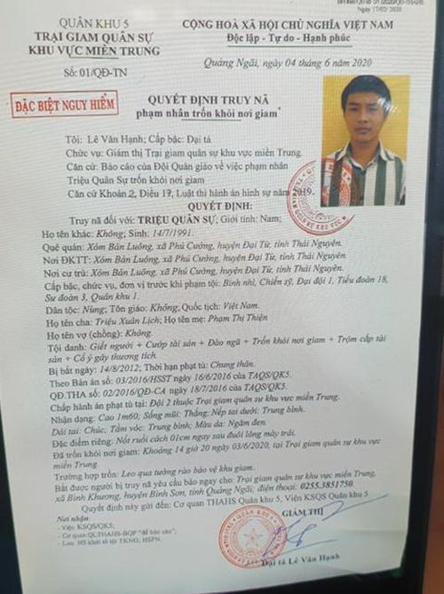 Quyết định truy nã Triệu Quân Sự được ký ngày 4/6/2020, sau khi đối tượng trốn khỏi trại giam 1 ngày