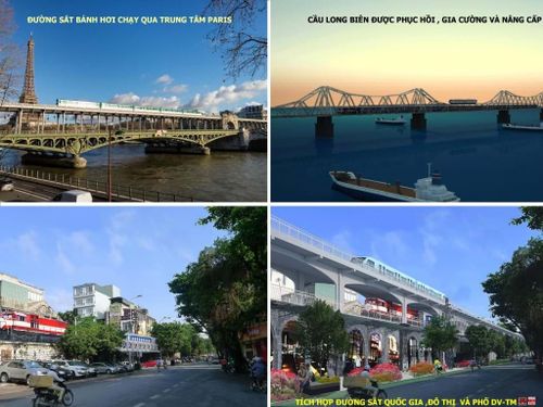 Đường sắt bánh hơi trên cầu hai tầng tại Paris gợi ý cho phương án tích hợp đường sắt quốc gia và đô thị đi qua trung tâm Hà Nội: giảm giao cắt đường bộ, khai thác không gian mặt đất thành khu phố dịch vụ thương mại, cầu Long Biên được phục hồi, gia cường và nâng cấp. Ảnh minh họa do Hanoidata&amp; CitySolution cung cấp.