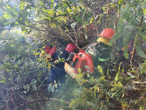 Chiến sĩ công an sử dụng máy thổi để dập lửa.