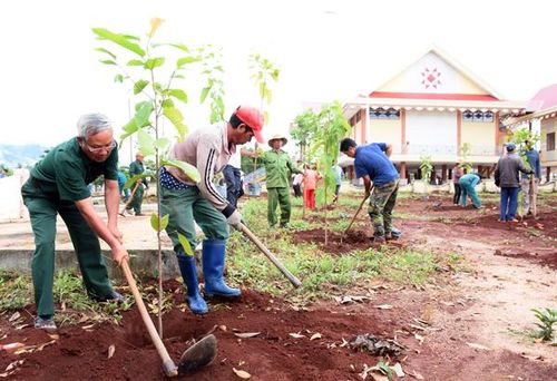 Cán bộ và người dân tham gia trồng cây trong khuôn viên Nhà lưu niệm Anh hùng Wừu (xã Đak Sơ Mei, huyện Đak Đoa). Ảnh: M.T