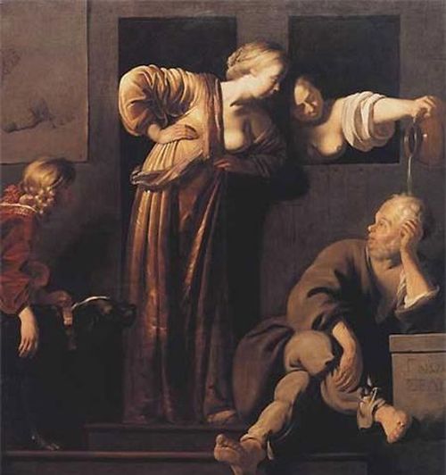 Tranh vẽ cảnh Socrate bị vợ dội nước trước mặt khách khứa.
