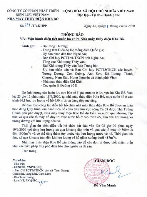 Thông báo xả lũ của Nhà máy Thủy điện Khe Bố.