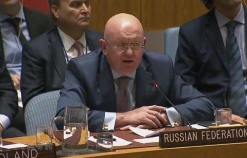 Đại sứ Nga tại LHQ Vassily Nebenzia phát biểu trong phiên họp HĐBA LHQ ở New York, Mỹ. (Ảnh: IRNA/TTXVN)