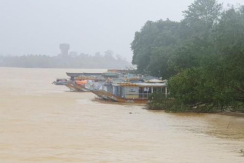 Các nhà thuyền neo đậu bên bờ sông Hương tránh bão.