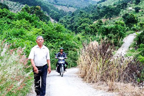 Ông Nguyễn Tân - Chủ tịch Hội Người cao tuổi xã Suối Cát, đi trên con đường ông hiến 50ha đất.