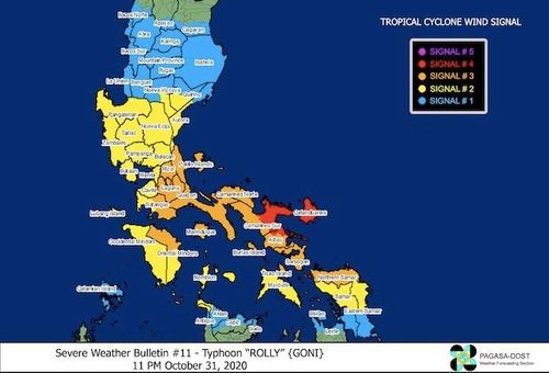Các khu vực bị ảnh hưởng theo từng mức độ báo động tại Philippines khi bão Goni đổ bộ. Ảnh: Tổng cục Phòng chống thiên tai
