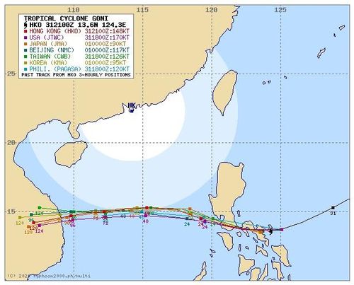 Đường đi của bão Goni theo dự đoán của đài khí tượng các nước. Ảnh: Tổng cục Phòng chống thiên tai
