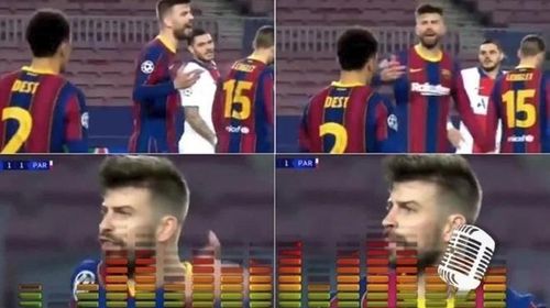 Hình ảnh Pique chửi Griezmann giữa trận đấu.