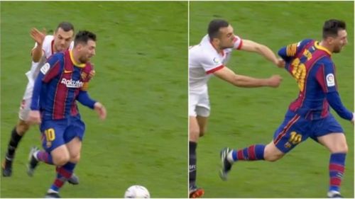 Messi biến Jordan hóa "gã hề" với 2 pha kéo áo lộ liễu.